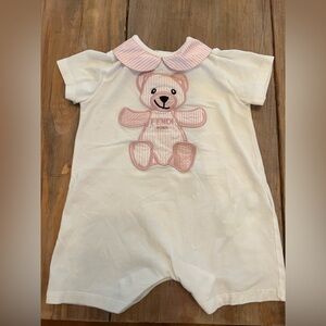 FENDI White Baby Onesie with Pink Teddy Detail